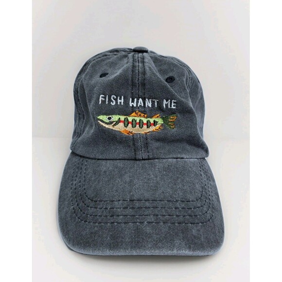 Fish Want Me Outdoor Fishing Distressed Hat Cap Strapback Trour Bass Pike - Picture 1 of 5